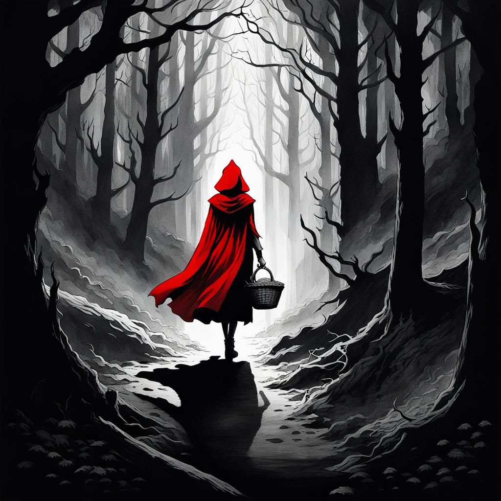 Little Red Riding Hood: Monochrome Watercolour with Red Spla...