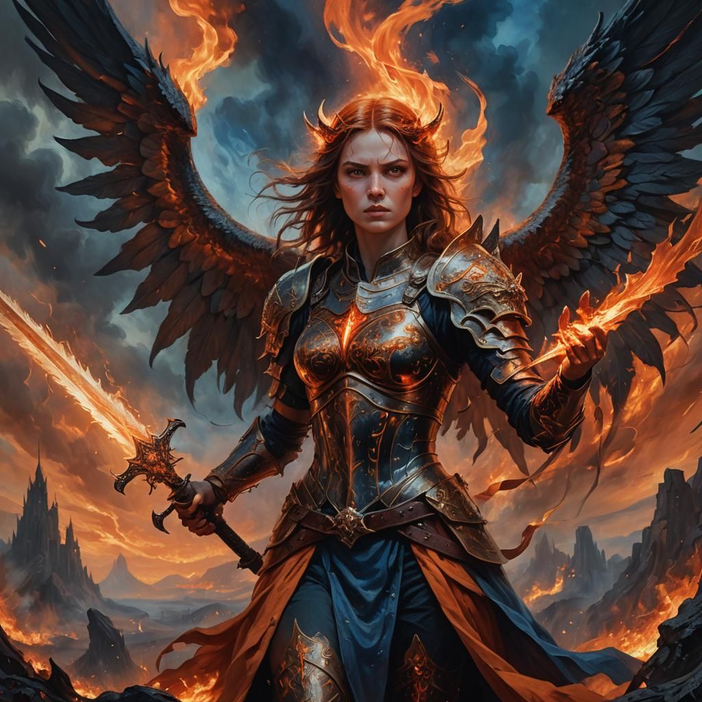 Angel Battles Devil in Hellish Landscape as Oil Painting