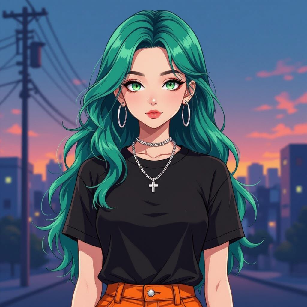 Anime Style Woman With Green Hair And White Eyes