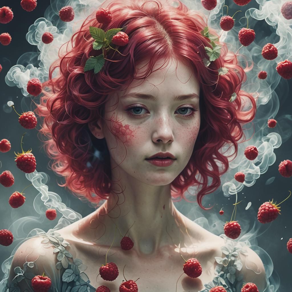 Raspberry Haired Woman in Double Exposure Style