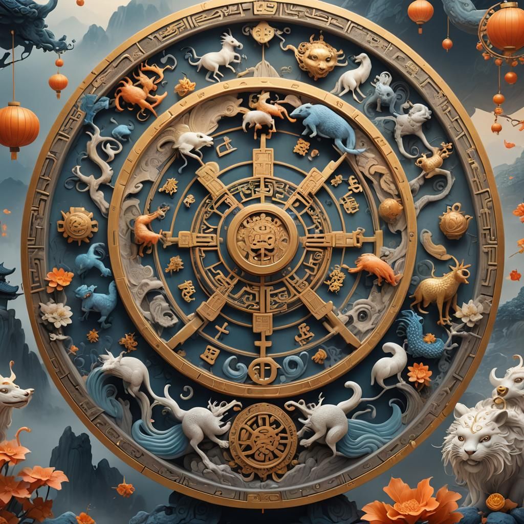 Mystical Chinese Horoscope Wheel in Fantasy Art Style