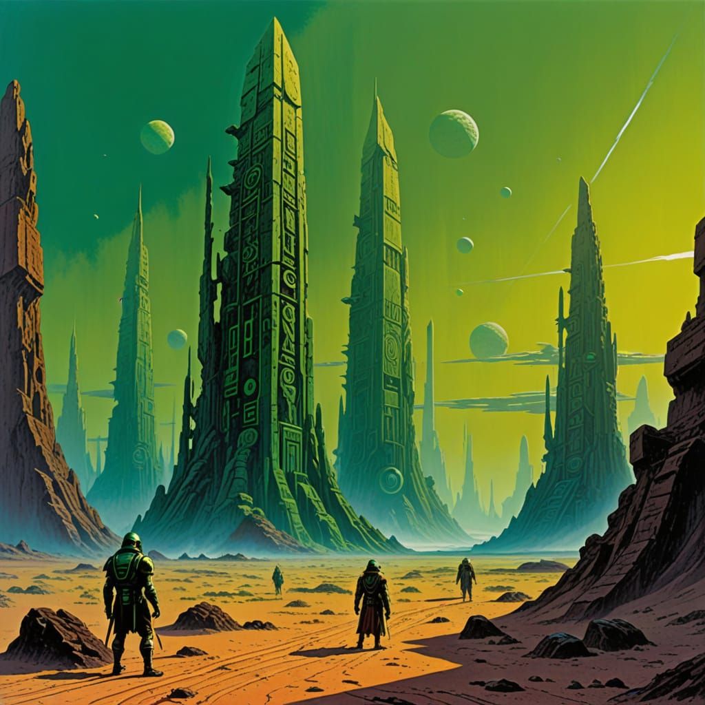 Desolate Planet with Sci-Fi Monoliths in Retro Style