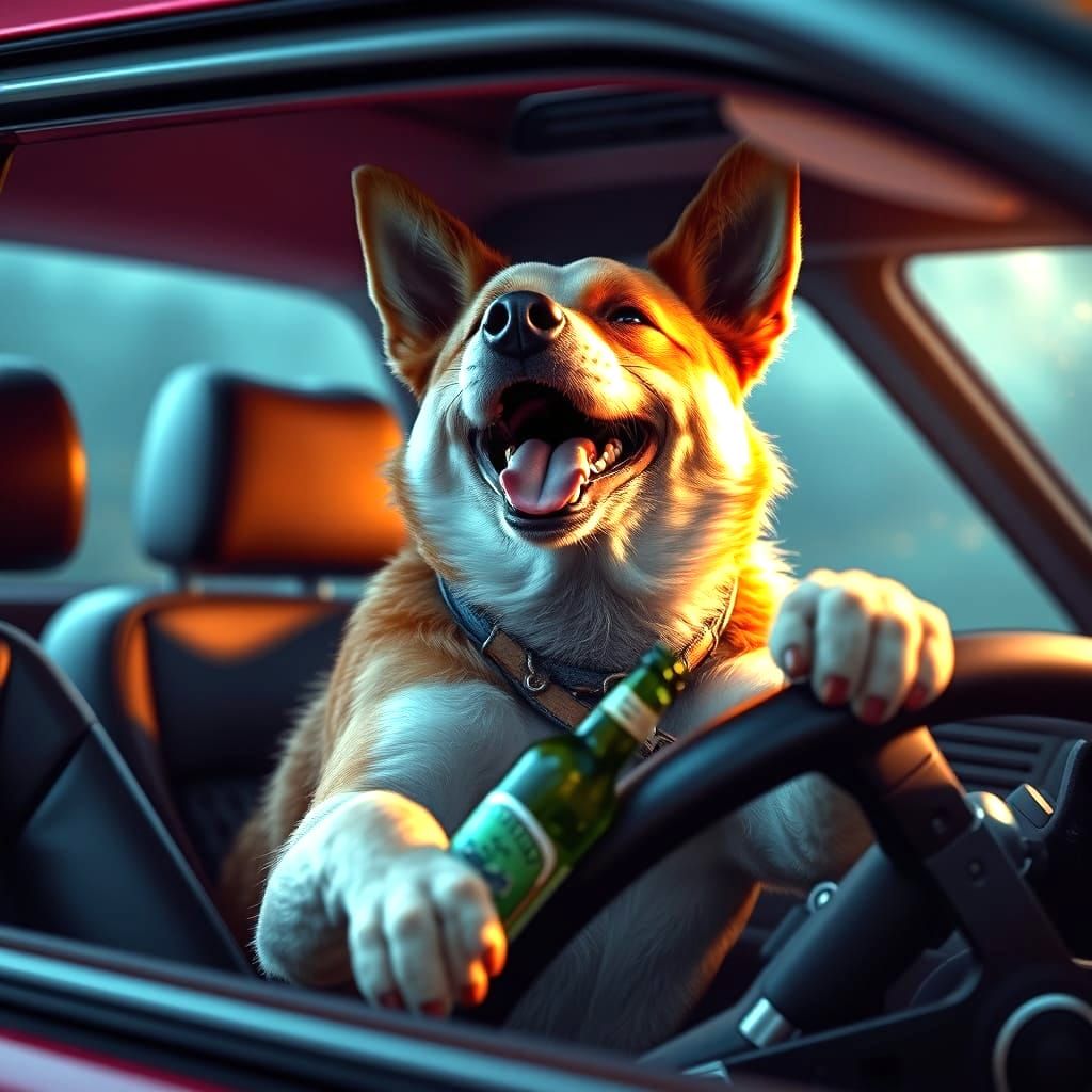 Hilarious Dog Drives Car with Beer in Paw, Fantastical Matte...