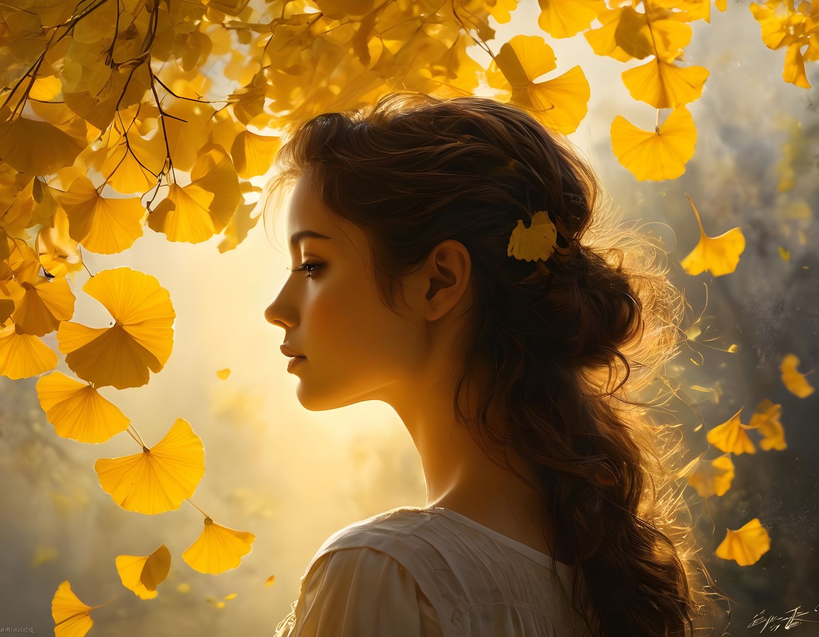 Woman in Golden Light with Ginkgo Leaves