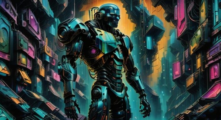 Heroic Terminator Stands Amidst Retro-Futuristic Cityscape i...