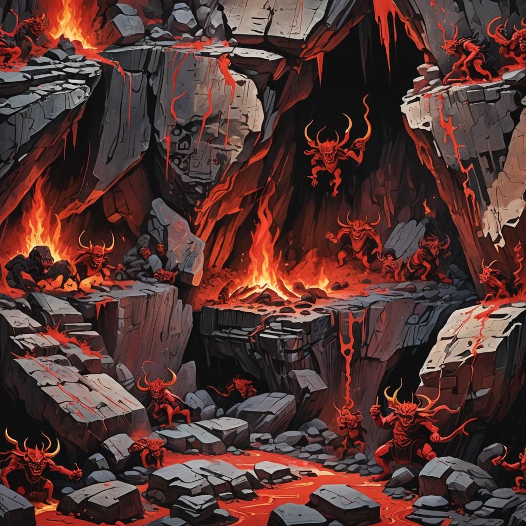 Demon Hieroglyphics on Cave Wall as Gouache Painting