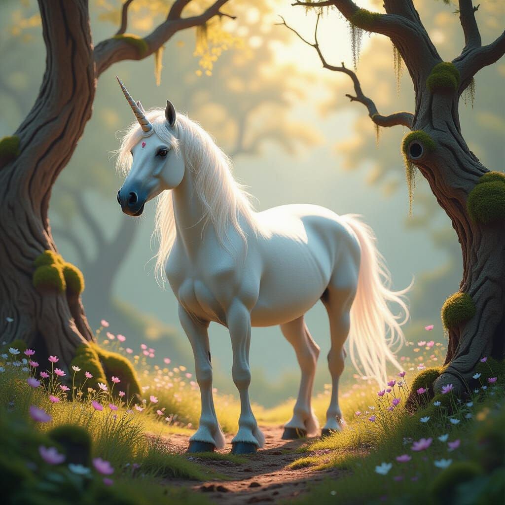 Enchanted Unicorn in Sun-Dappled Forest
