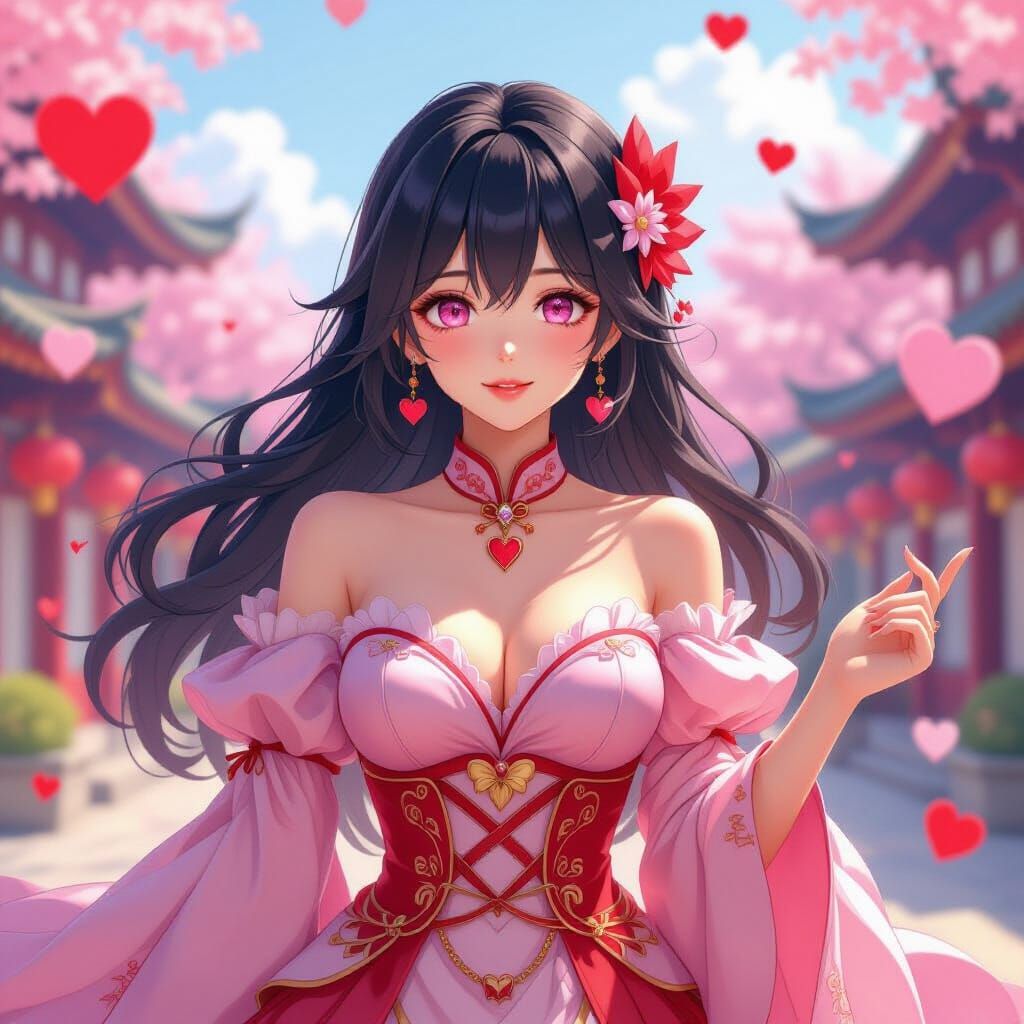 Anime Woman in Heart Dress, 3D Render