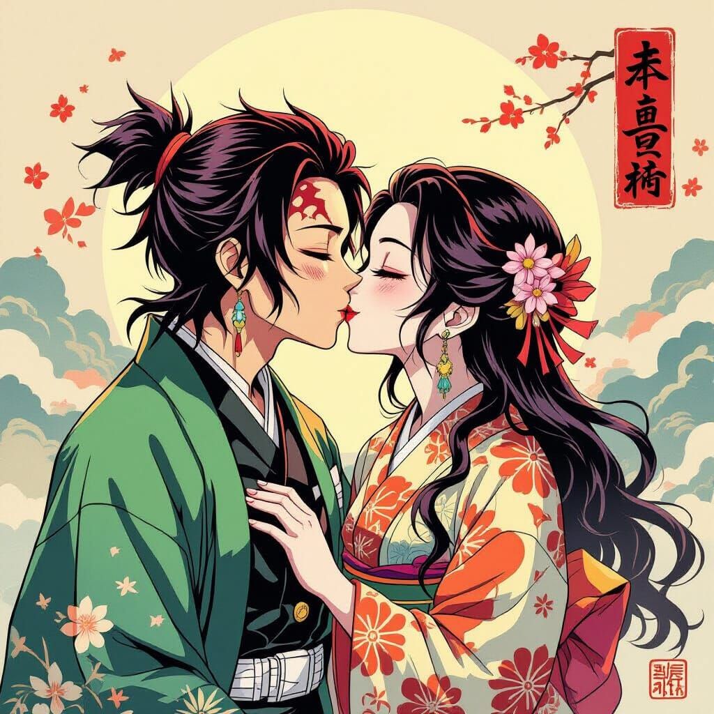 Demon Slayer Kiss in Ukiyo-e Style