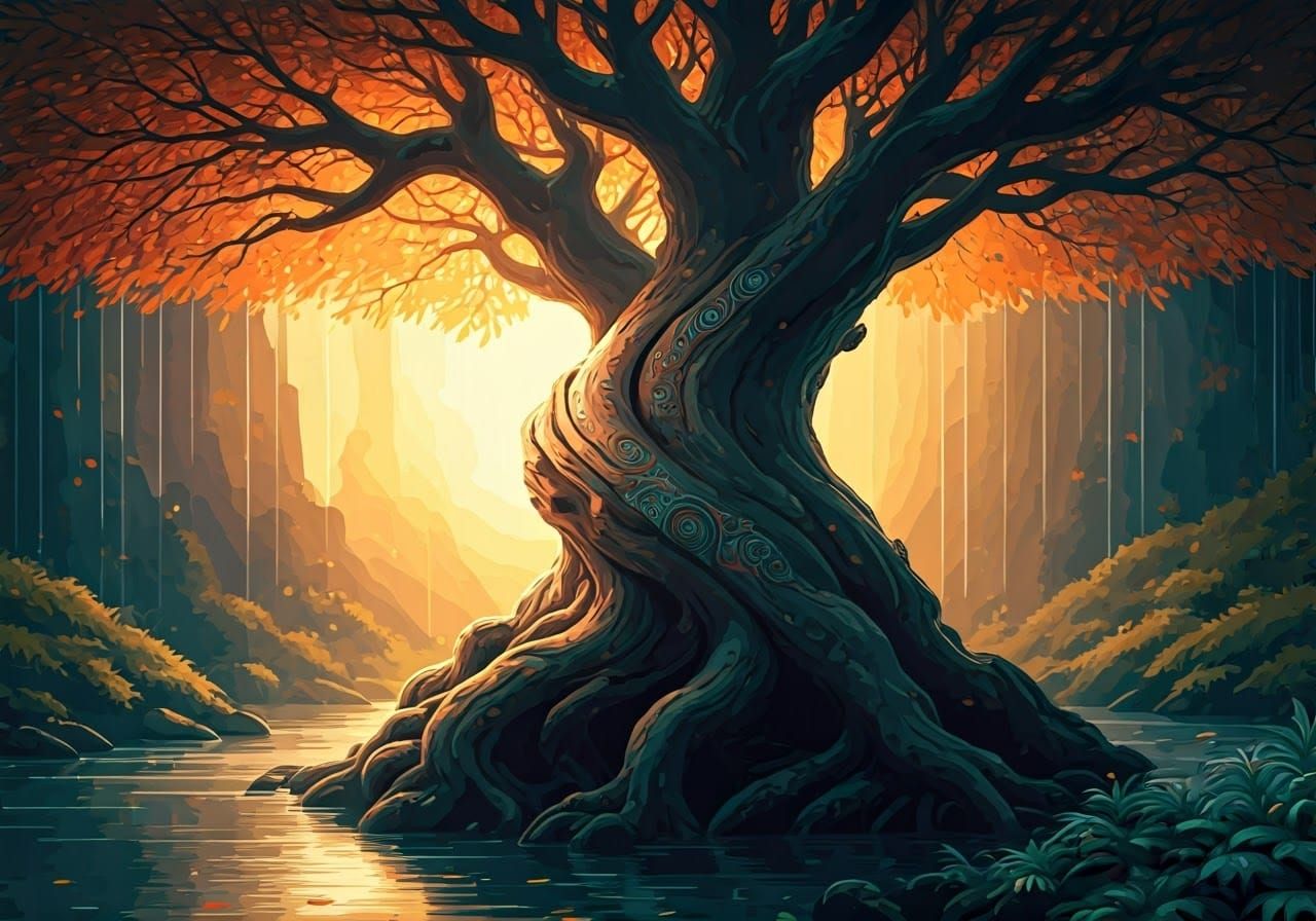 Gnarled Tree by Stream in Ukiyo-e Style