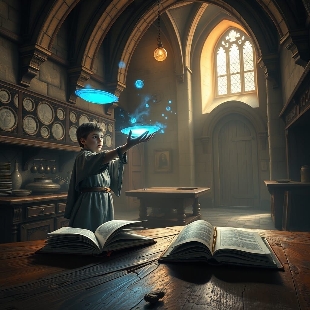 Young Apprentice Levitates Dishes with Blue Magic in Castle ...
