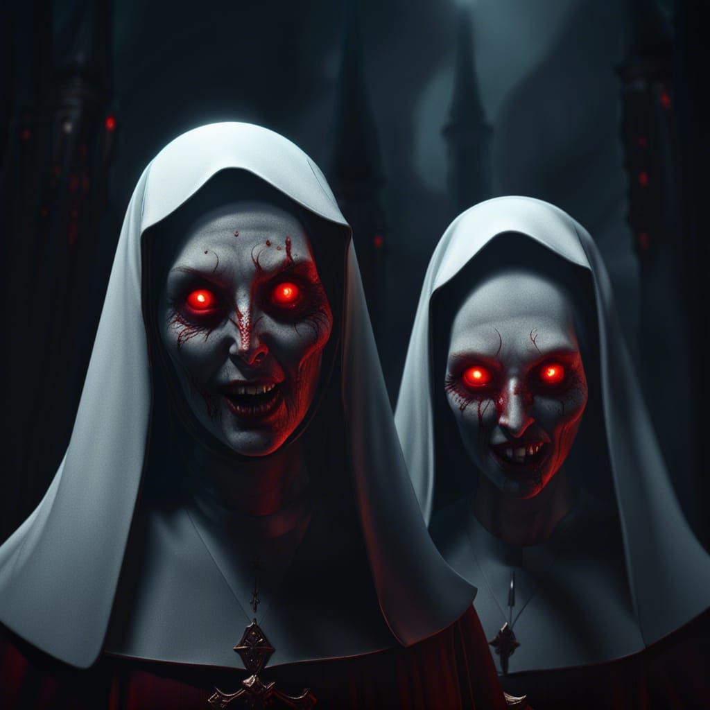 Scary Nuns with Glowing Eyes: Detailed Matte Painting