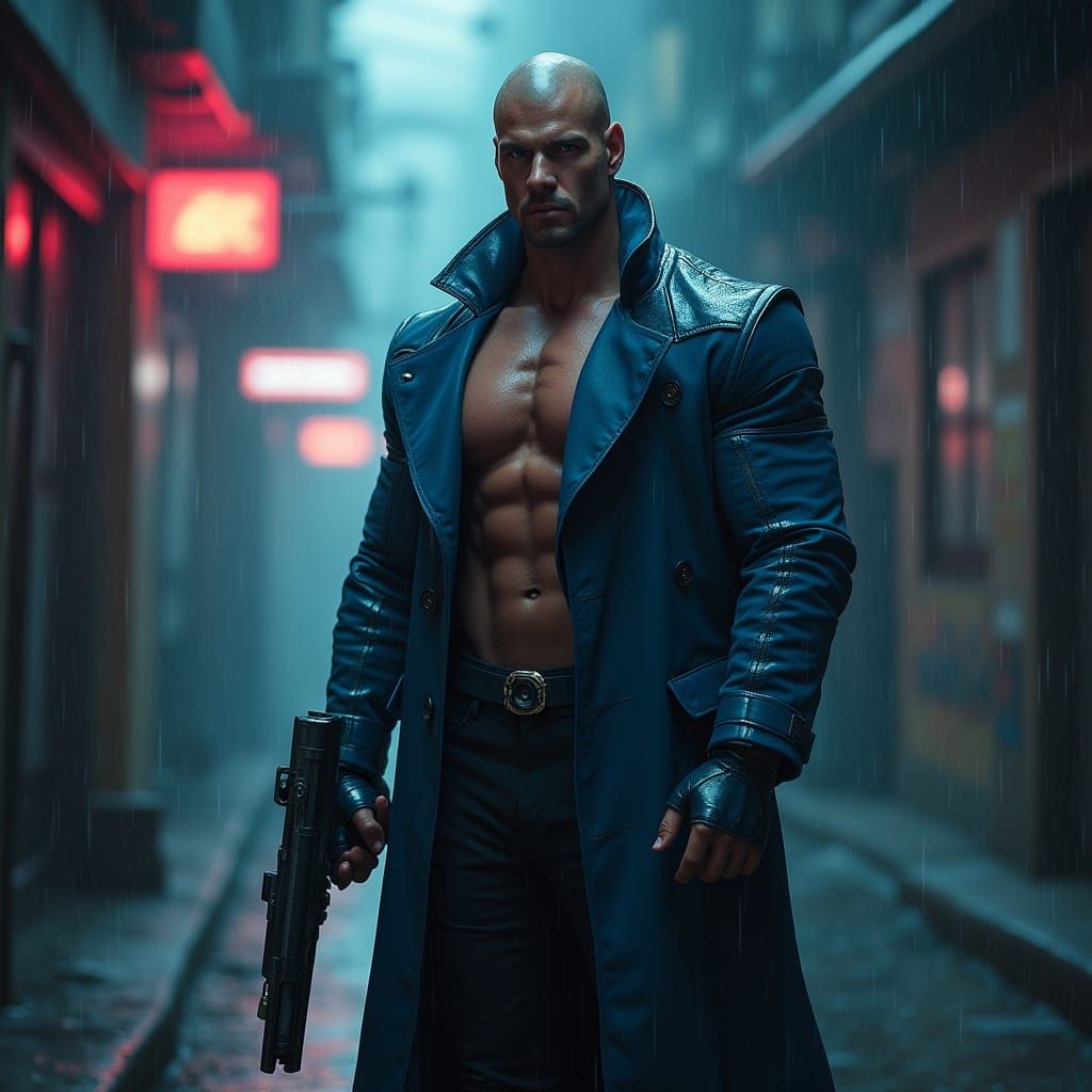 Cyberpunk Superhero Agent in Gritty Alleyway