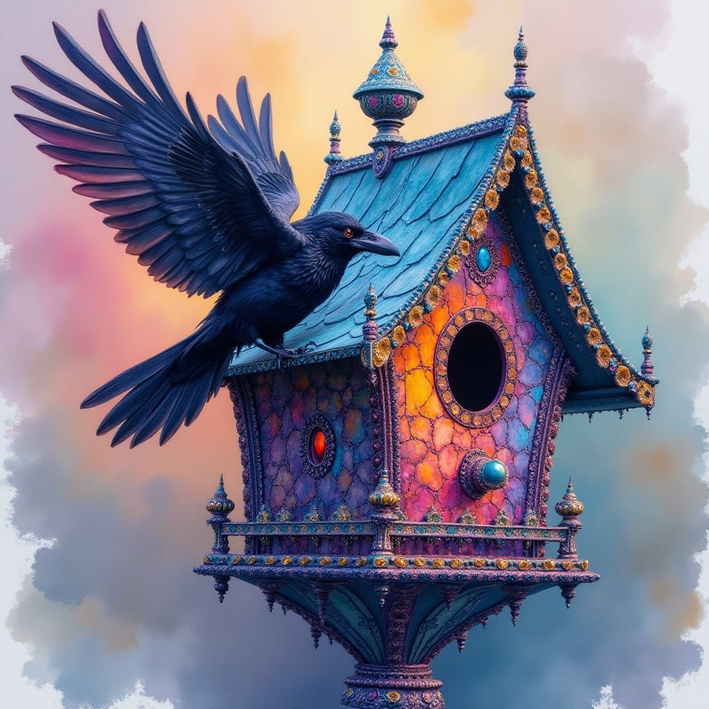 Opulent Raven Birdhouse in Dynamic Watercolor Style