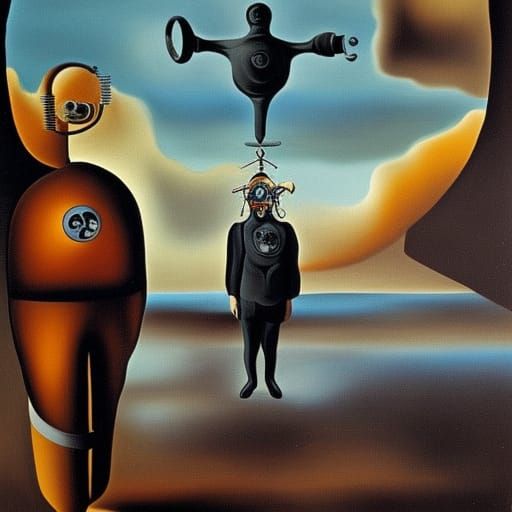 Surreal Gas Mask Figure in Melting Oil Canvas