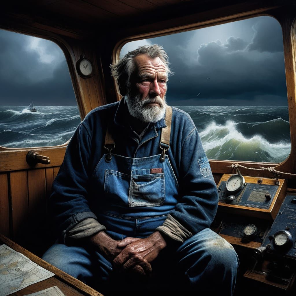 Weathered Fisherman at Full Moon