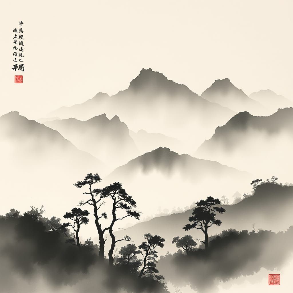Serene Mountainscape in Monochromatic Ink Painting Style