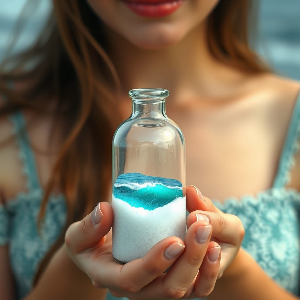 Woman Holding Miniature Sea in Glass Bottle