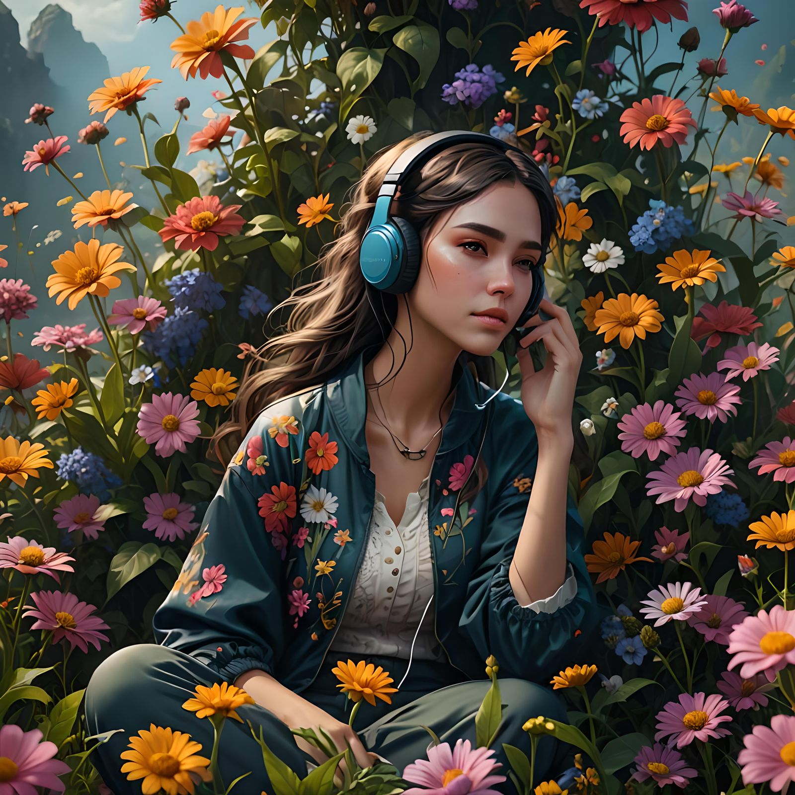 Girl with Earphones in Fantastical Flower Garden