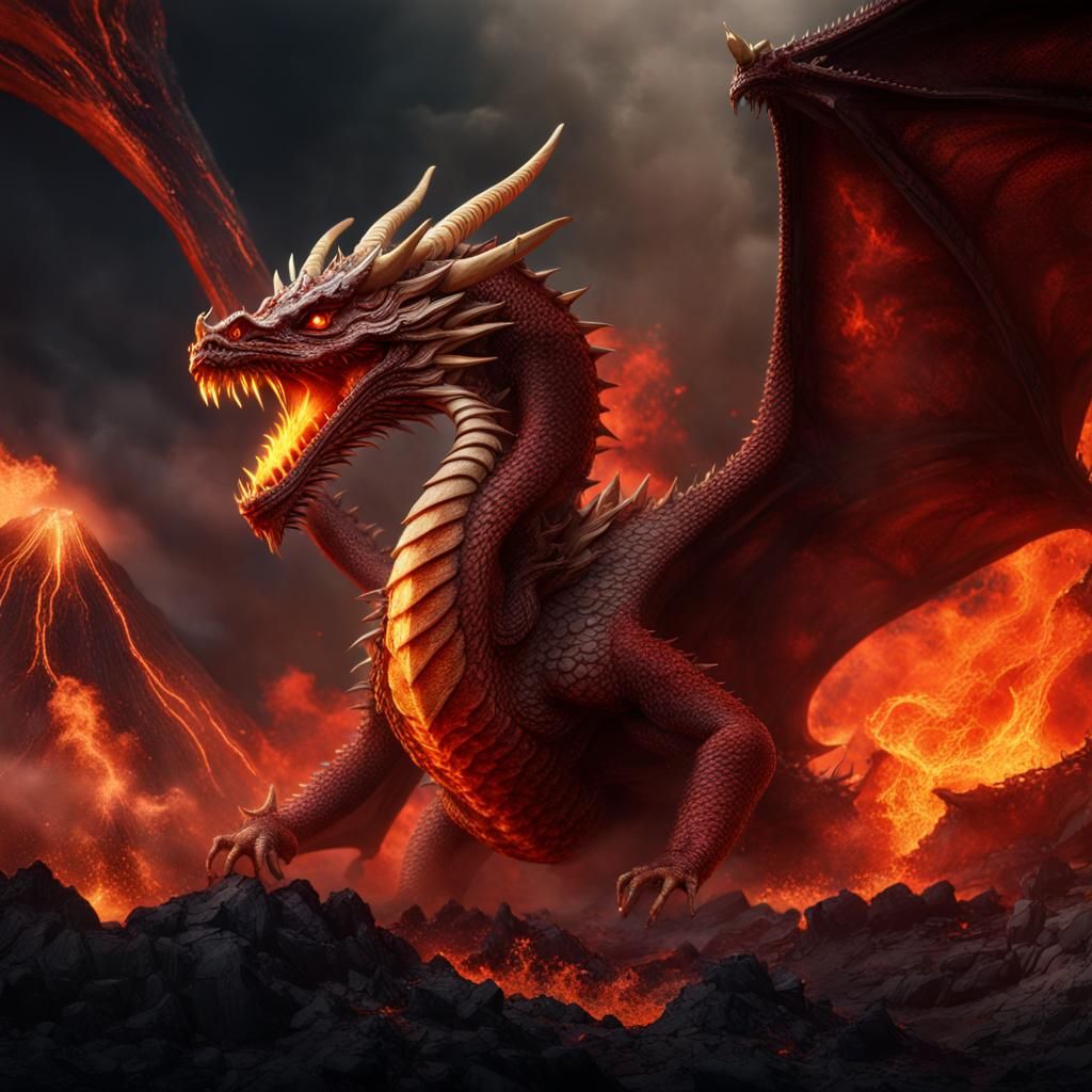 Majestic Fire Dragon and Erupting Volcano