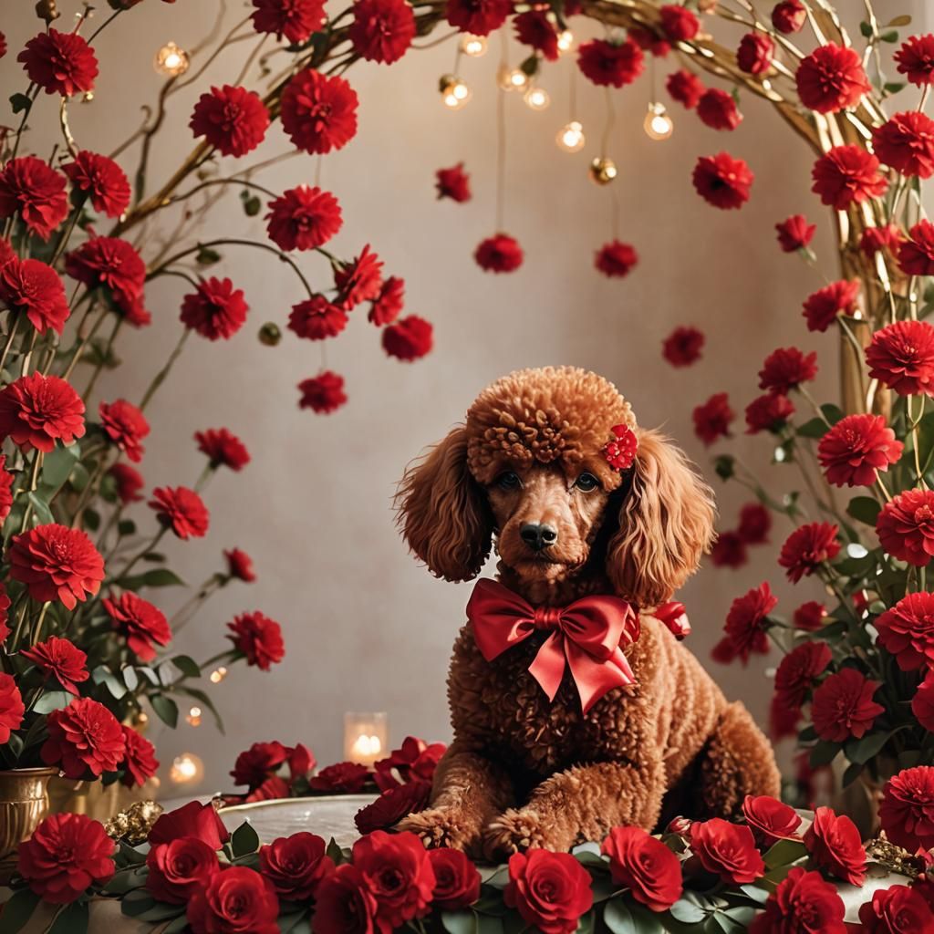 A bright red poodle centerpiece with oversized red satin bow...