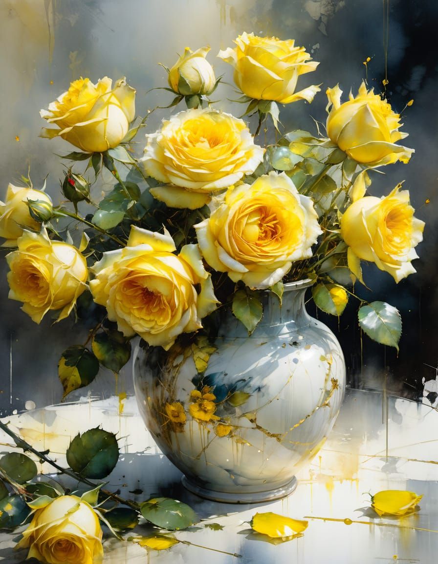 Vase of Yellow Roses as Watercolor Painting