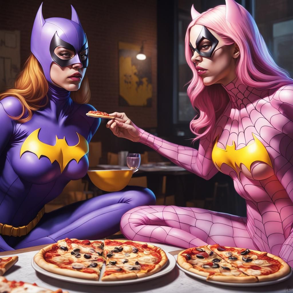 Batgirl and Gwen Stacy batgirl eating pizza 2