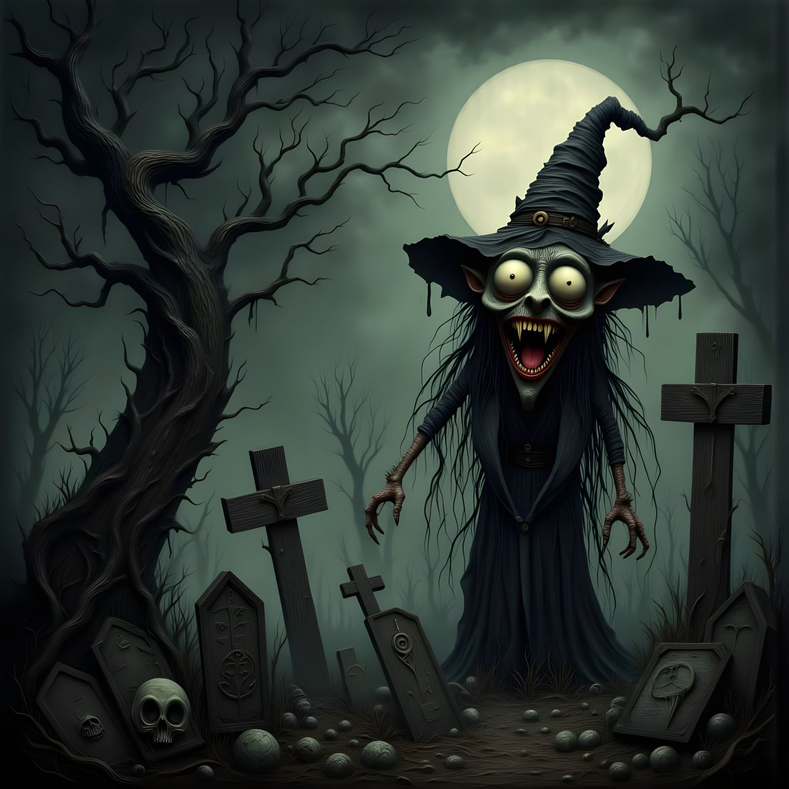 Diabolical Witch in Eerie Graveyard
