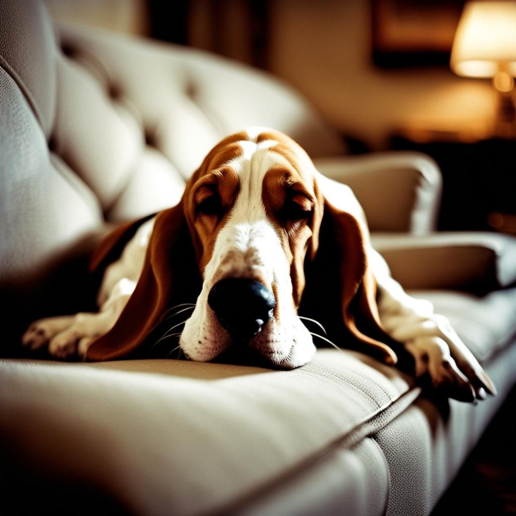 Basset Hound Sleeping in Cozy Retro Living Room