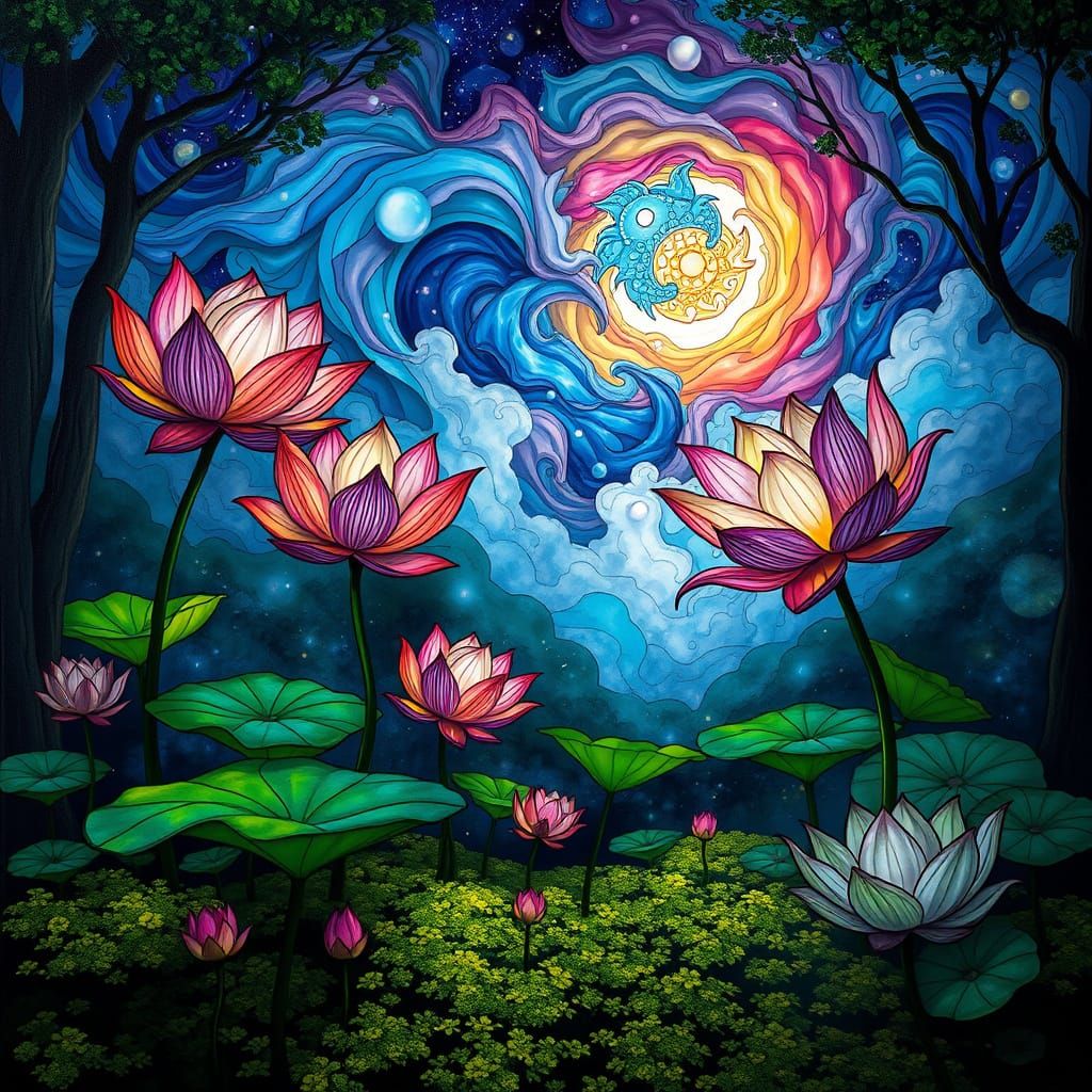 Surreal Forest Glade with Stained Glass Lotuses and Swirling...