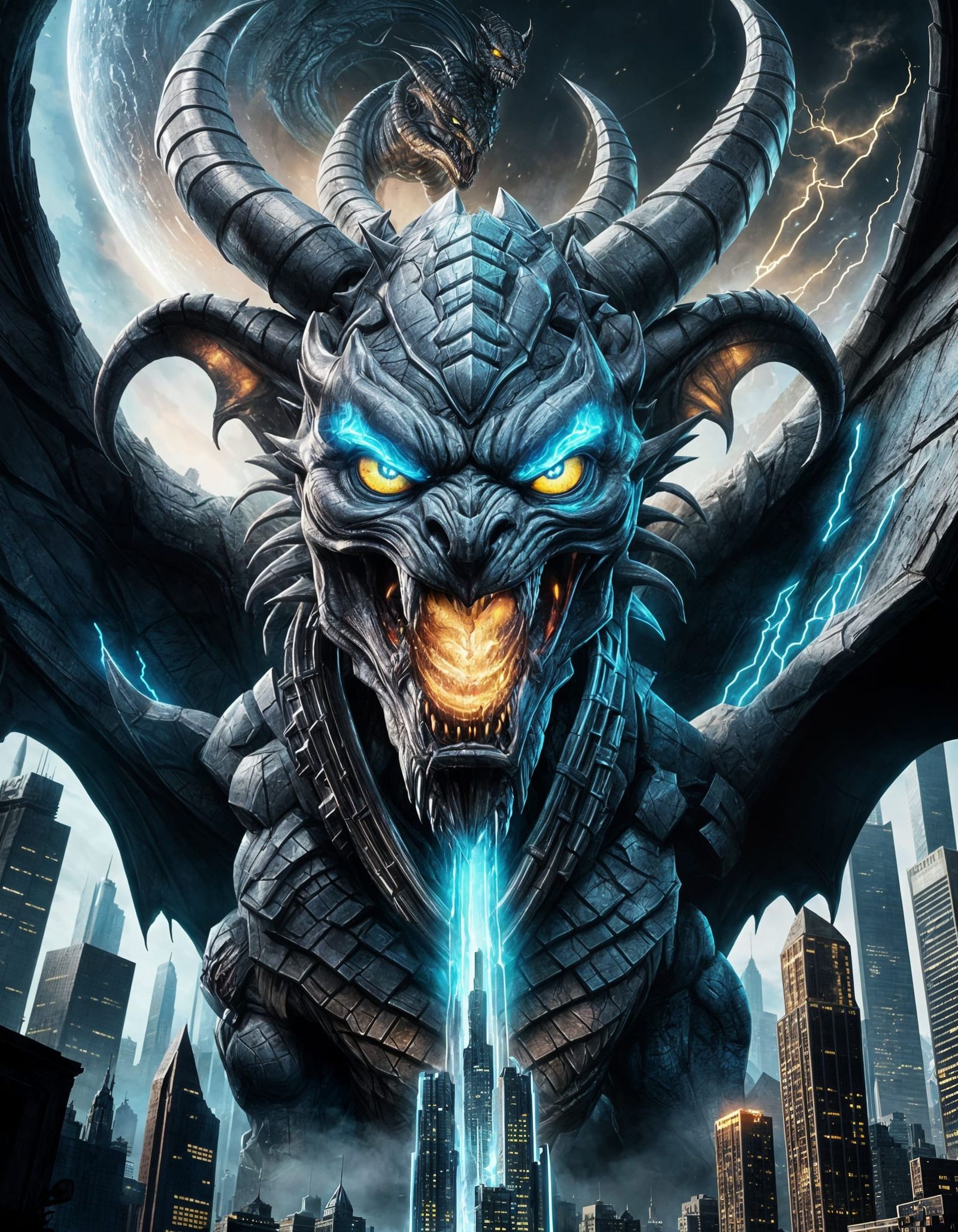 Menacing Gargoyle and Predator Mural in Street Art Style