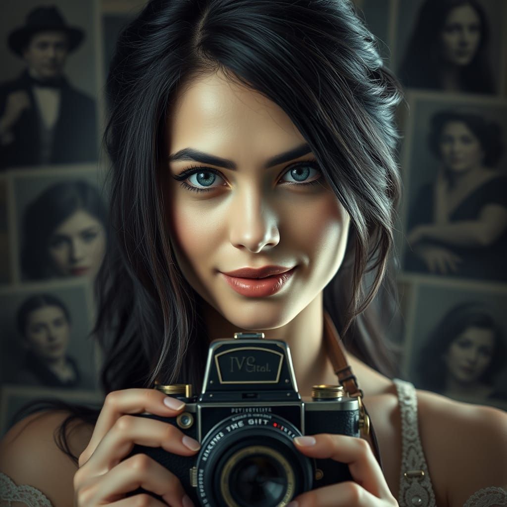 Woman Behind Vintage Camera in Soft, Hyperrealistic Lighting