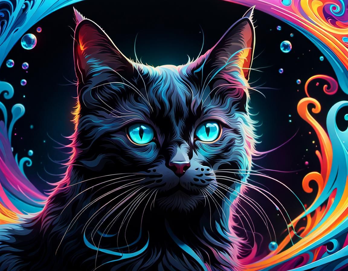Icy-Eyed Black Cat on Psychedelic Background