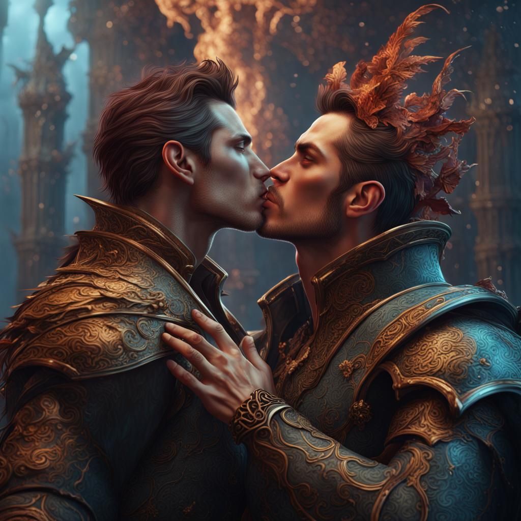 Handsome Men Kiss in Detailed Matte Painting