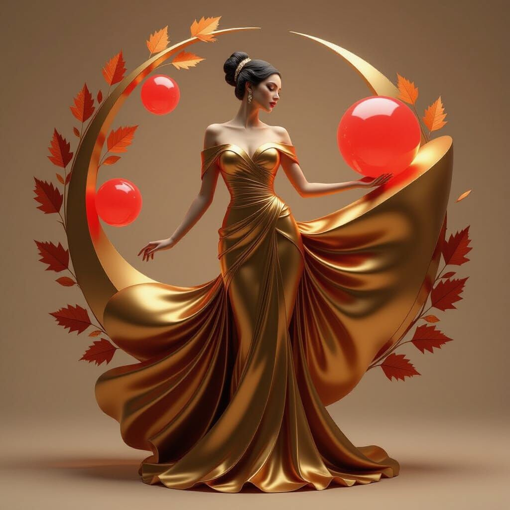 Golden Vessel with Red Spheres in Biomorphic Art Deco Style