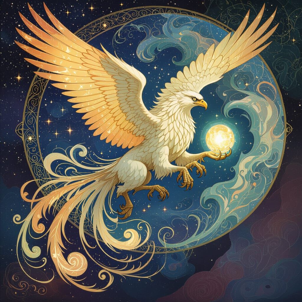 Celestial Griffin Soaring Through Galaxy in Art Nouveau Styl...