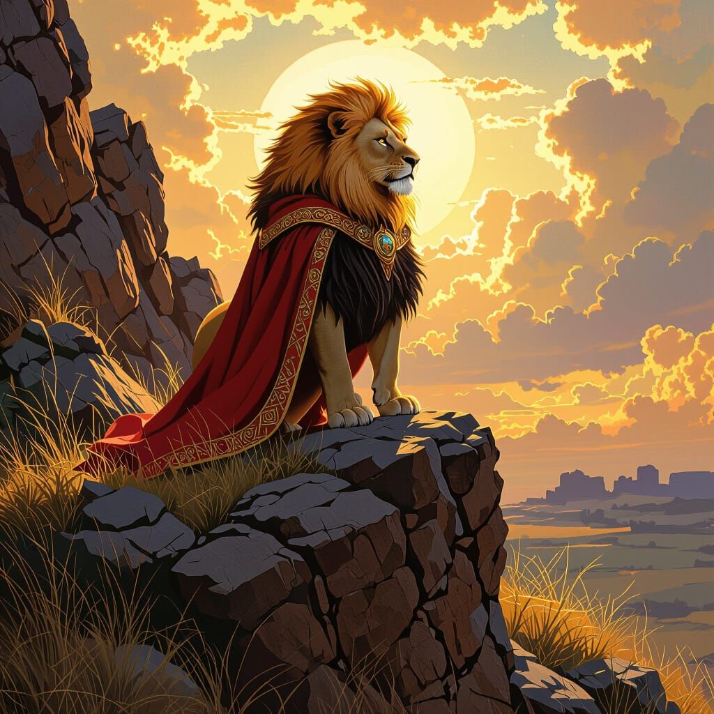 Fiery Lion King Overlooking His Savannah Kingdom