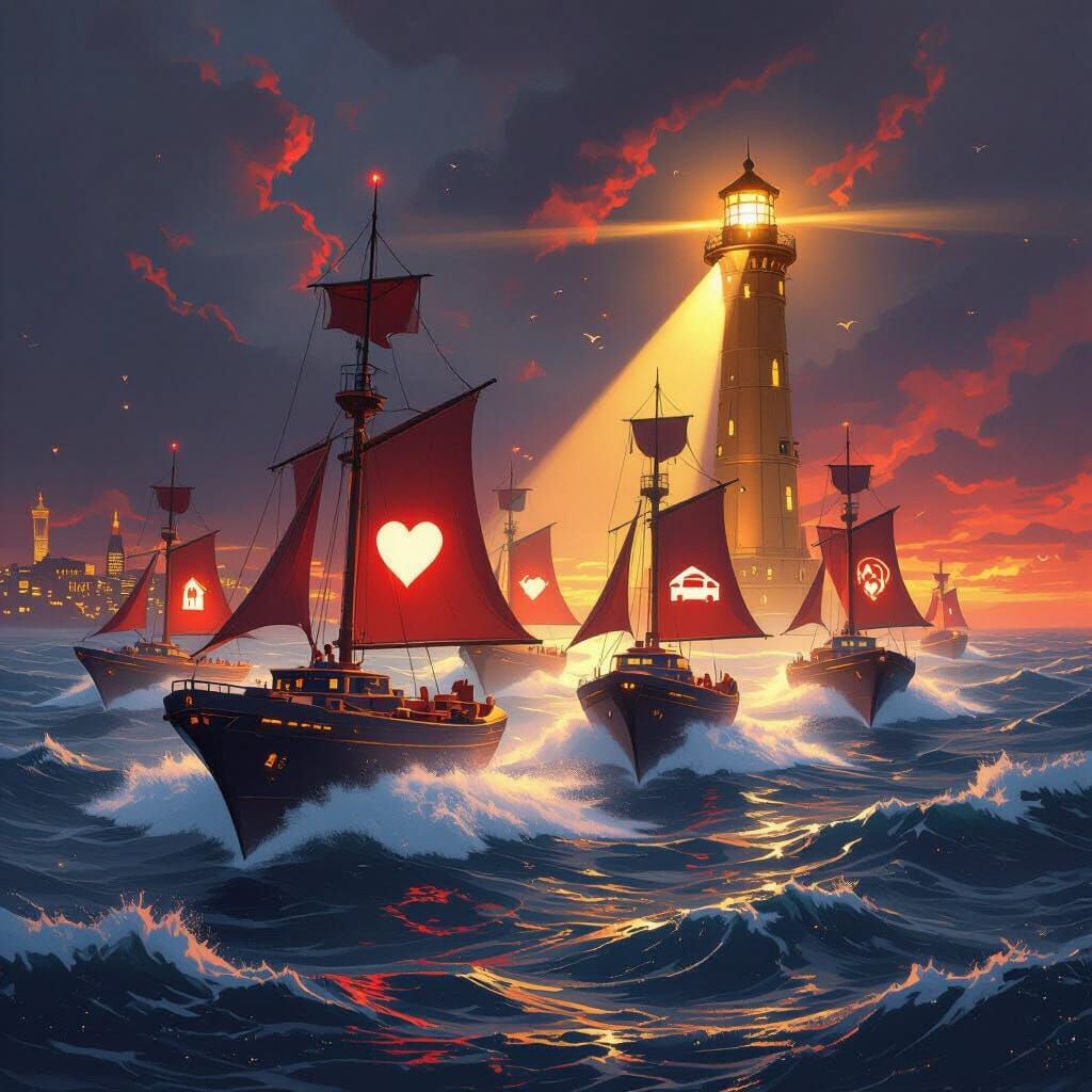 Futuristic Ships Navigate Storm with Glowing Sails