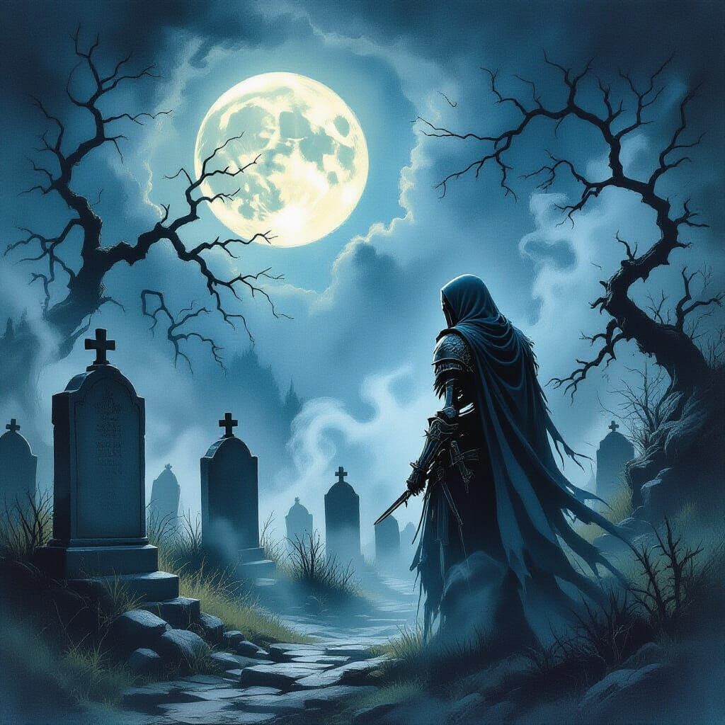 Skeleton Warrior Guards Moonlit Gothic Graveyard in Watercol...