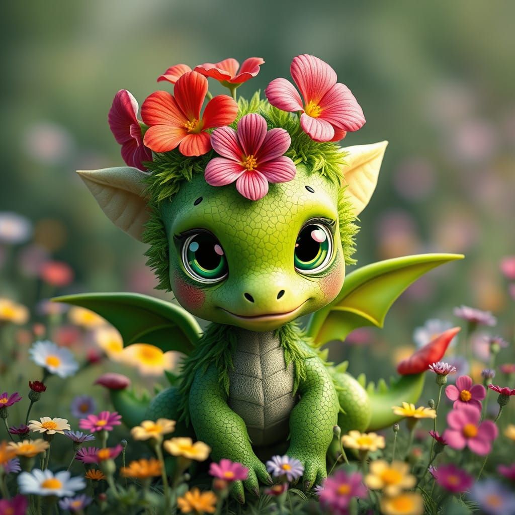 Whimsical Green Dragon Amidst Vibrant Wildflowers in a Matte...