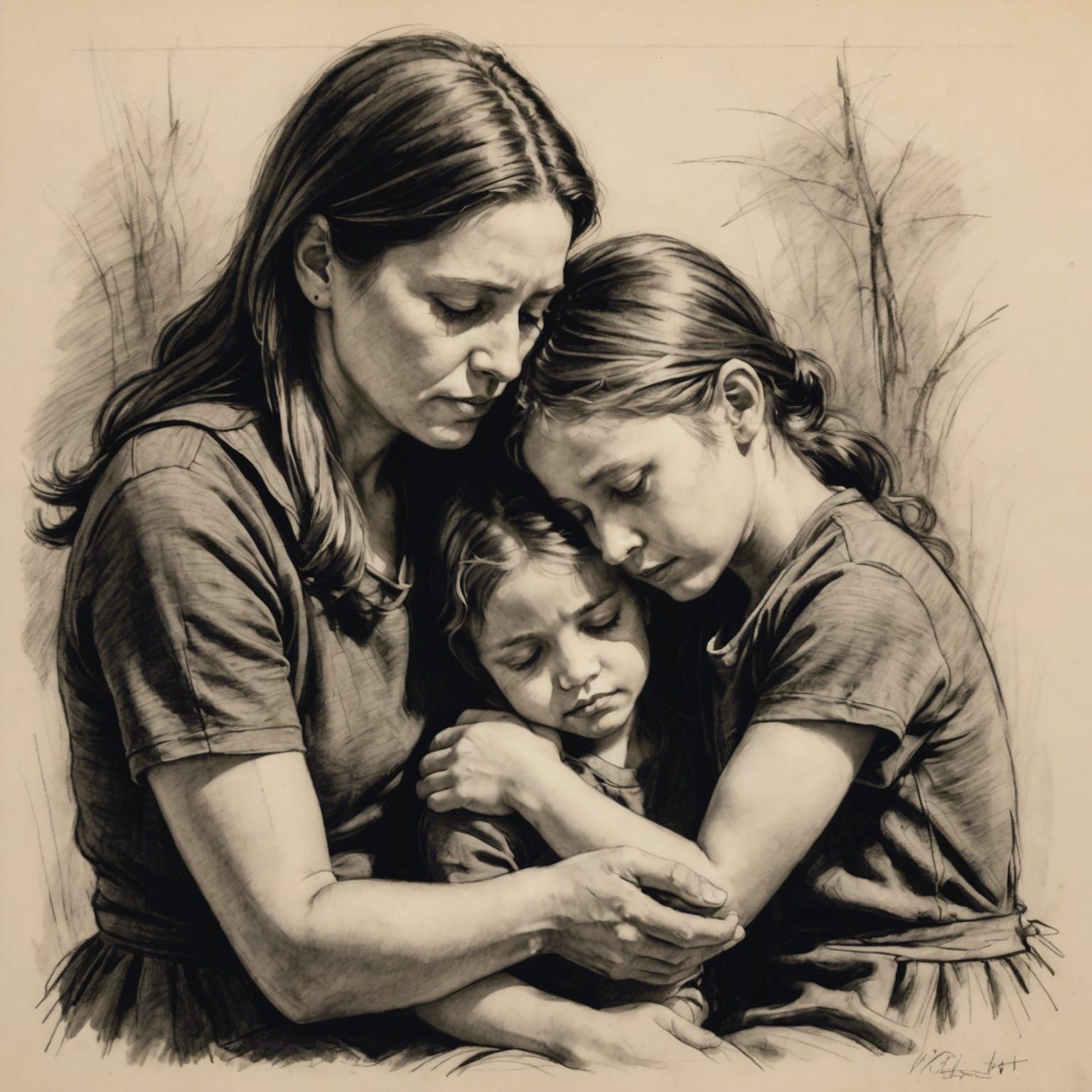 Mother Comforting Children: Charcoal Sketch