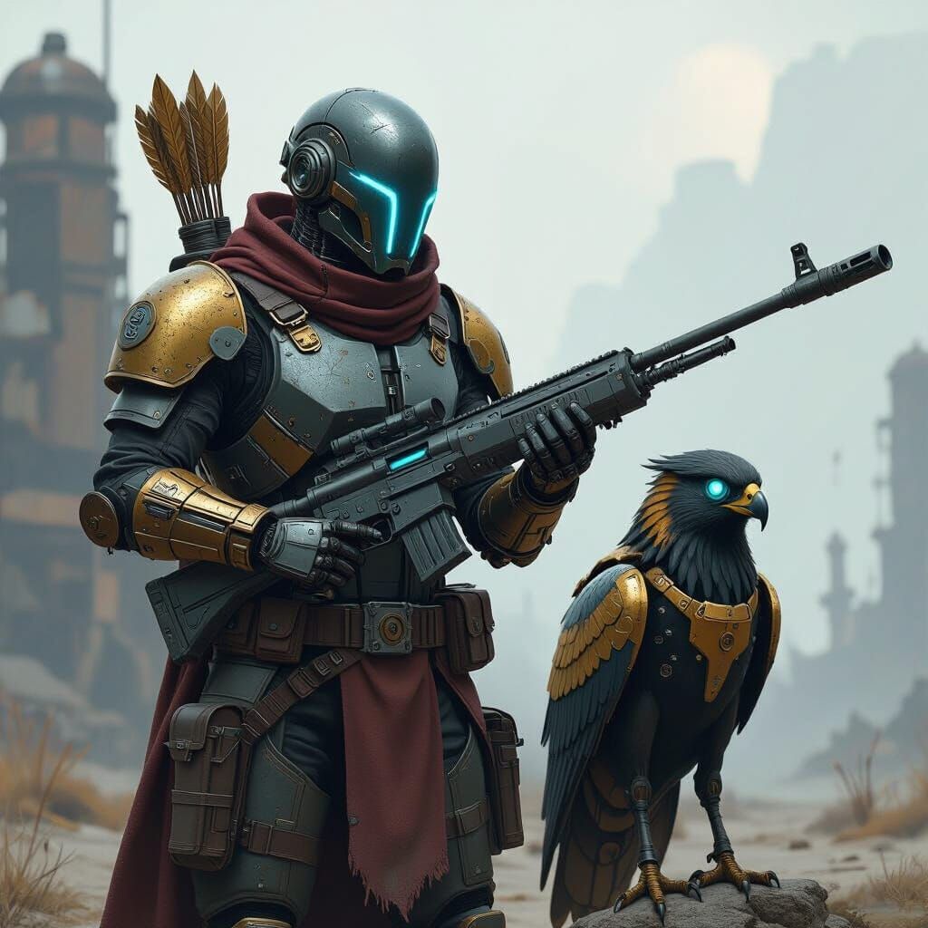 Warforged Ranger and Mechanical Bloodhawk in Dystopian Lands...