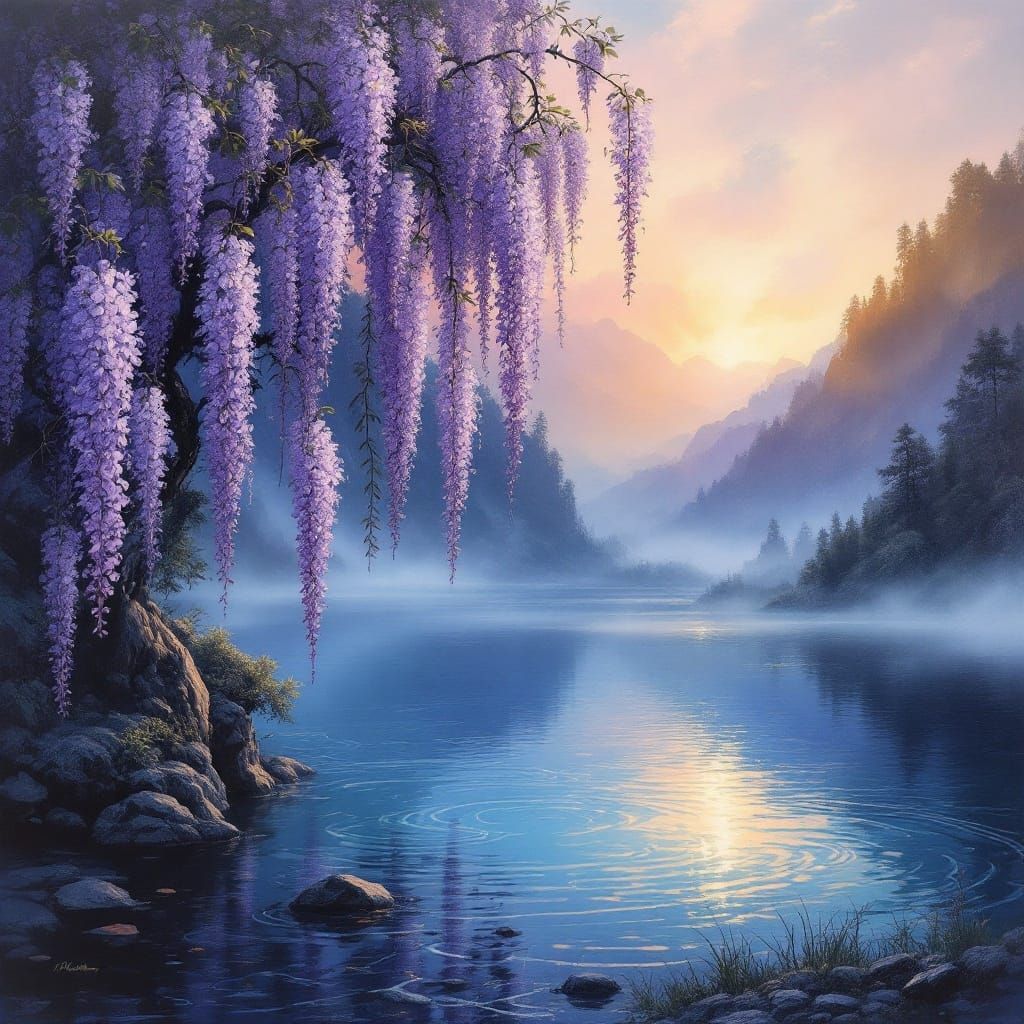 Serene Mountain Lake at Dawn in Dreamlike Landscape Painting