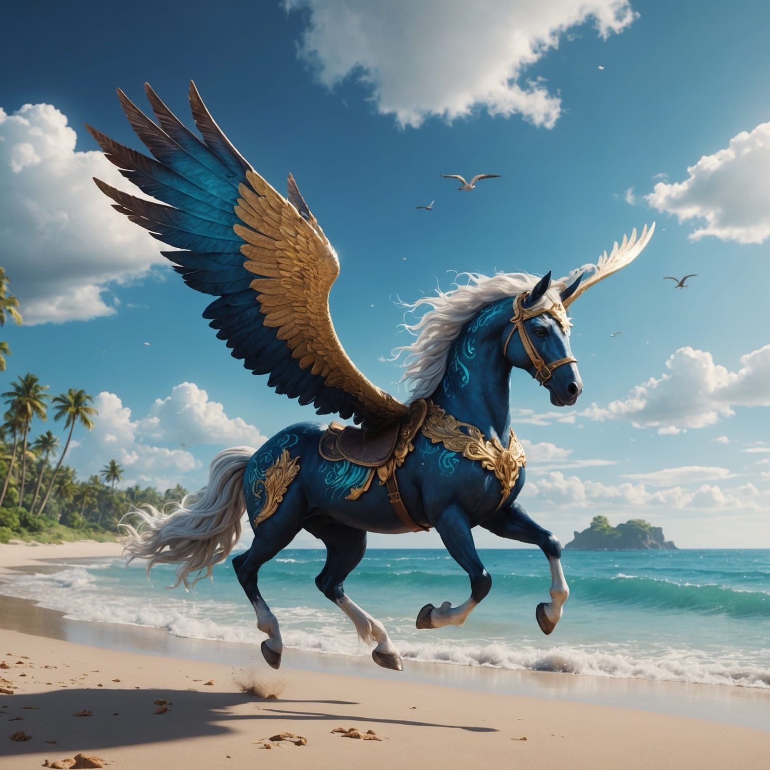 Pegasus Soaring Over a Beautiful Beach in Fantasy Style