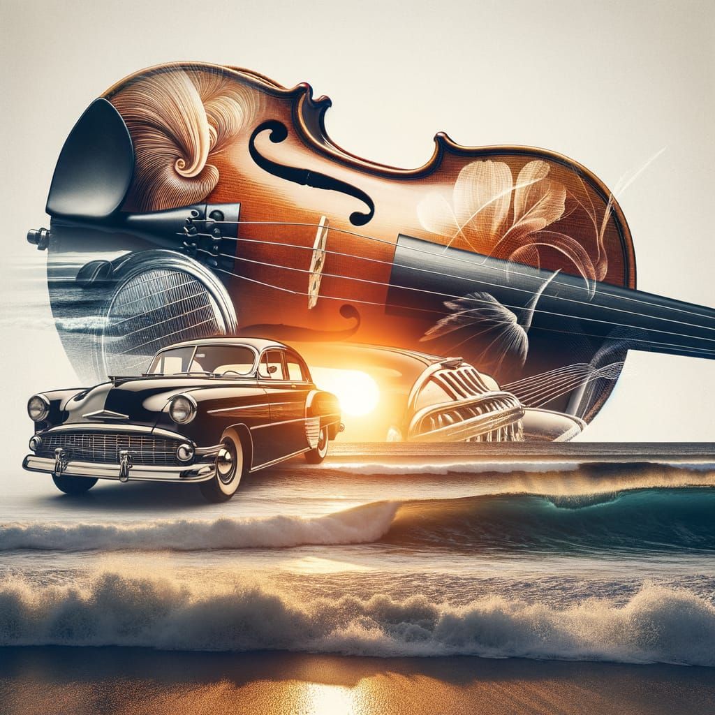 Double Exposure: Sun, Violin, Car, and Sea Blend