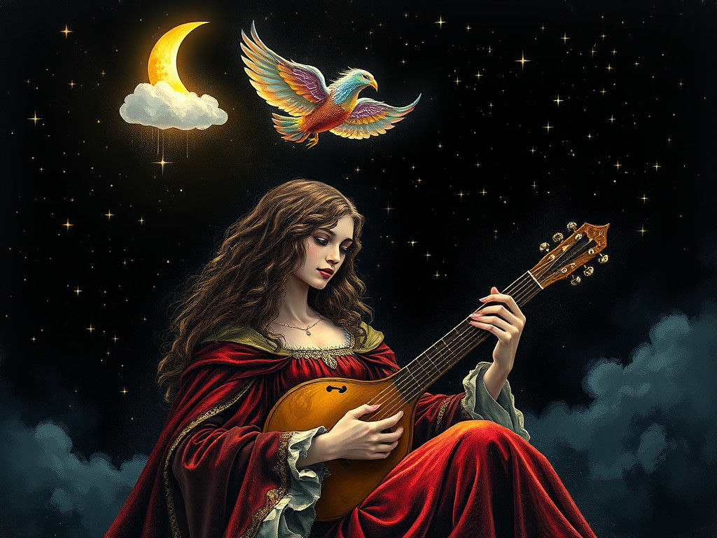 Medieval Maiden Zither Under Starry Moon