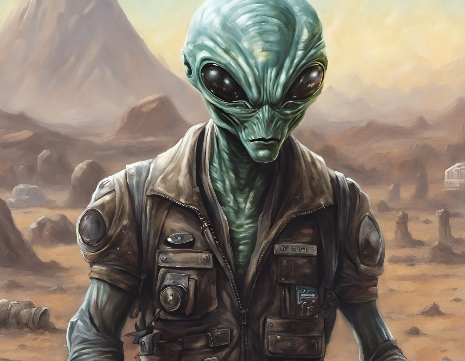 Surreal Alien Encounter with Vintage Badges