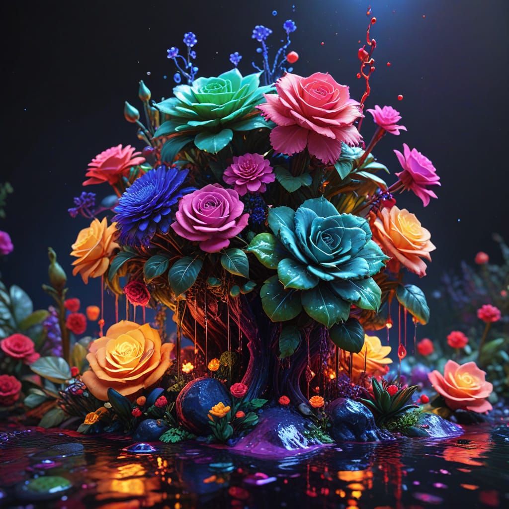 Psychedelic Neon Flowers and Fruits in Geometric Style