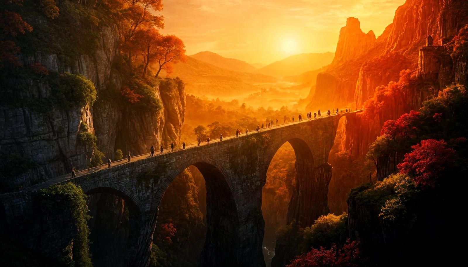 Fantasy Bridge Over Canyon: Autumn Landscape