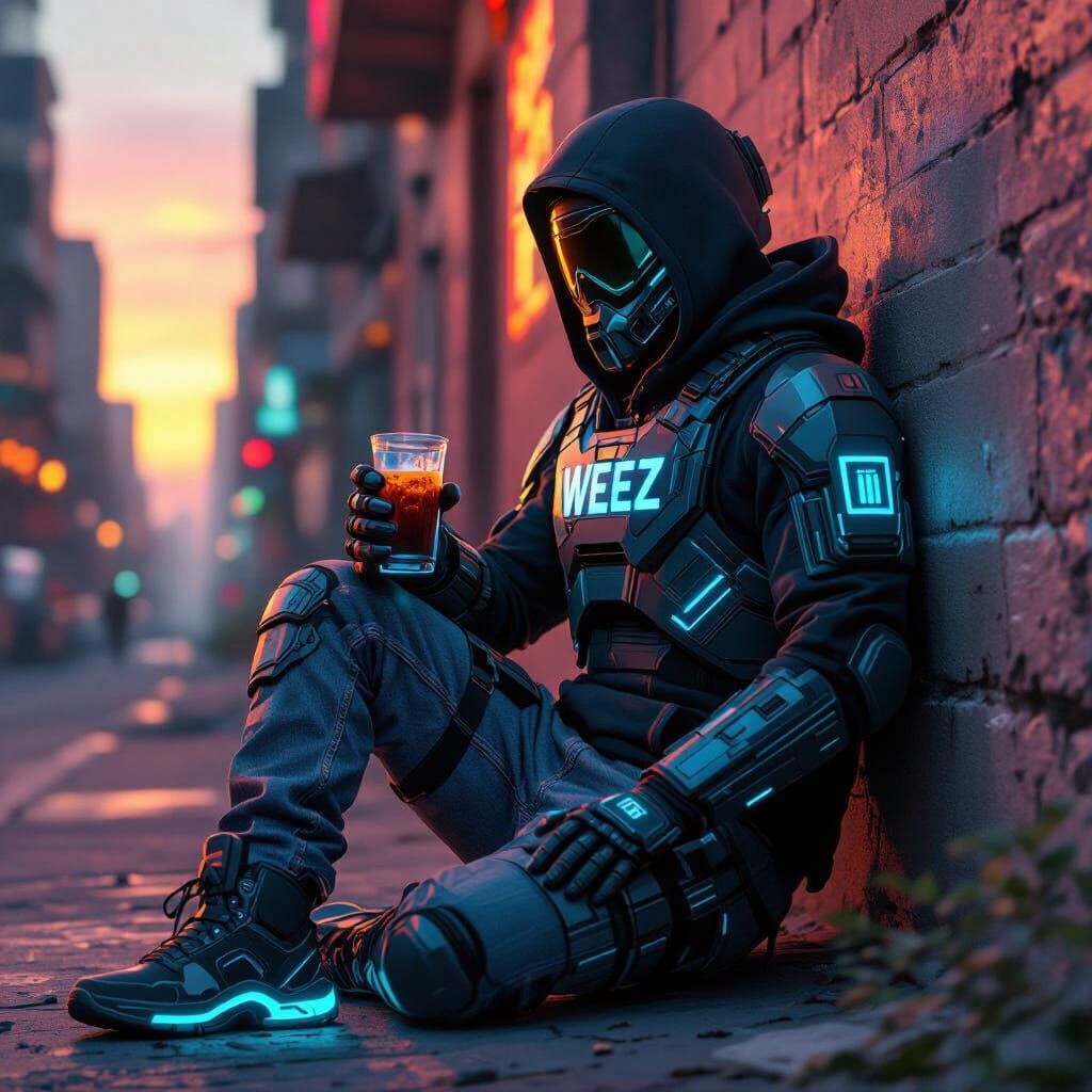 Cyberpunk Warrior Relaxing in Neon Cityscape